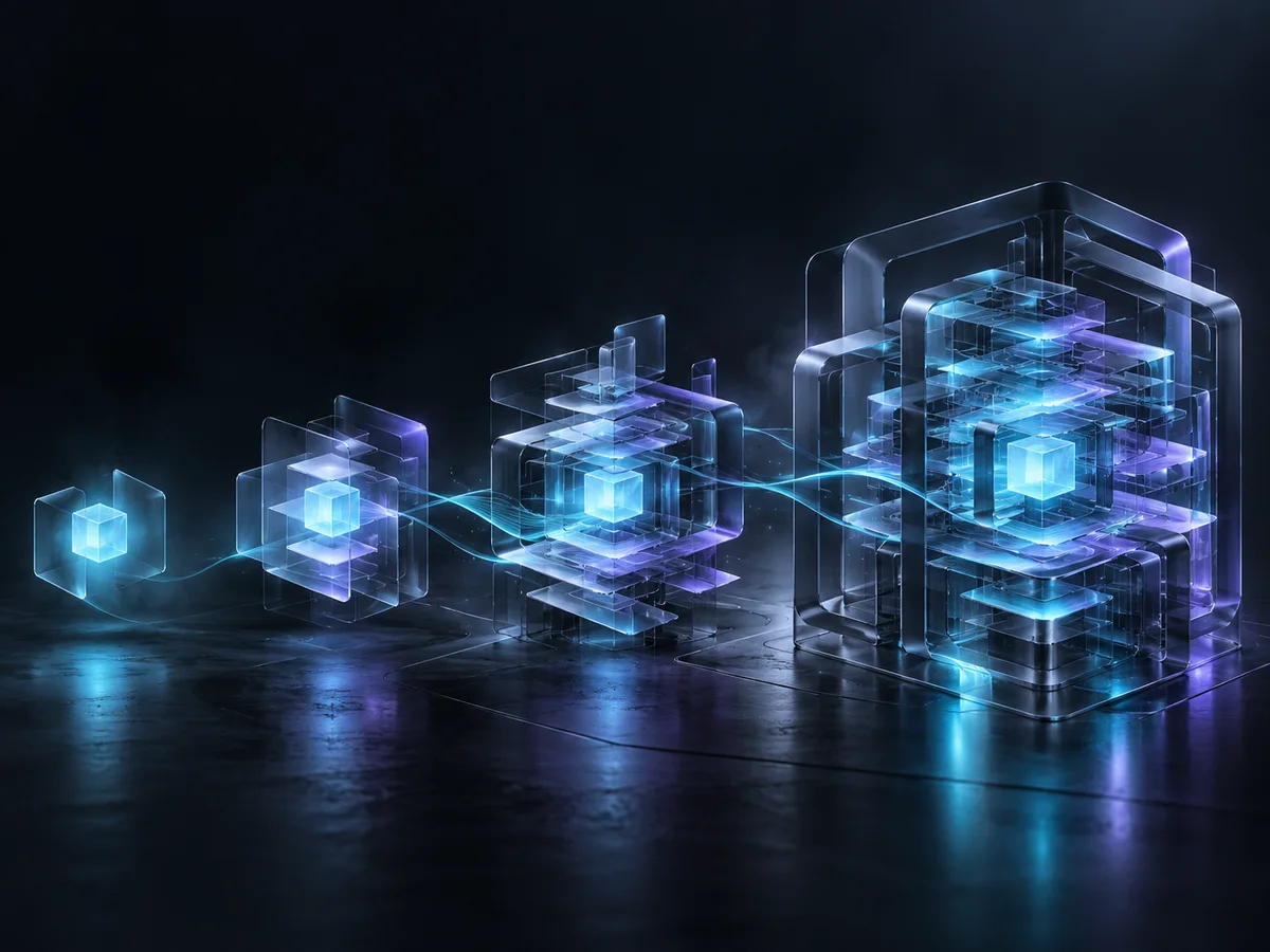 A simple luminous product form evolving into a layered, resilient enterprise system
